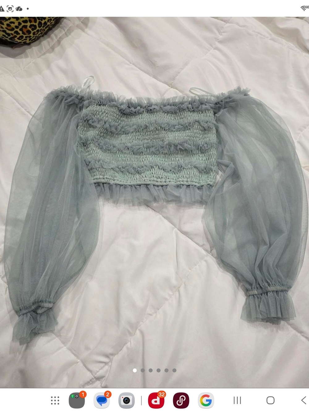 MARBLE Sage Green Smocked Off-Shoulder Puff Sleeve Crop Top